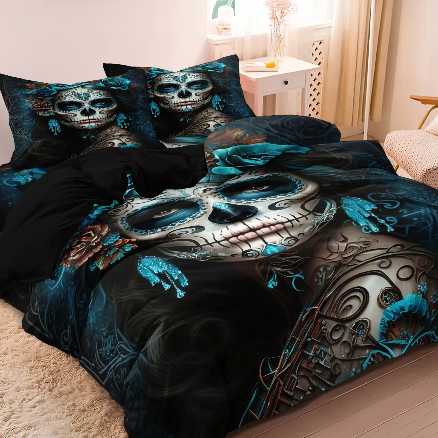 3Pcs Gothic Sugar Skull Blue Rose Duvet Cover Set, Day of the Dead Skull Floral Bedding Set, Theme Bedding Set, Bed Sets, For Family Bedrooms Dormitories Hotels (1 Duvet Cover + 2 Pillowcases No Comforter No Pillow)