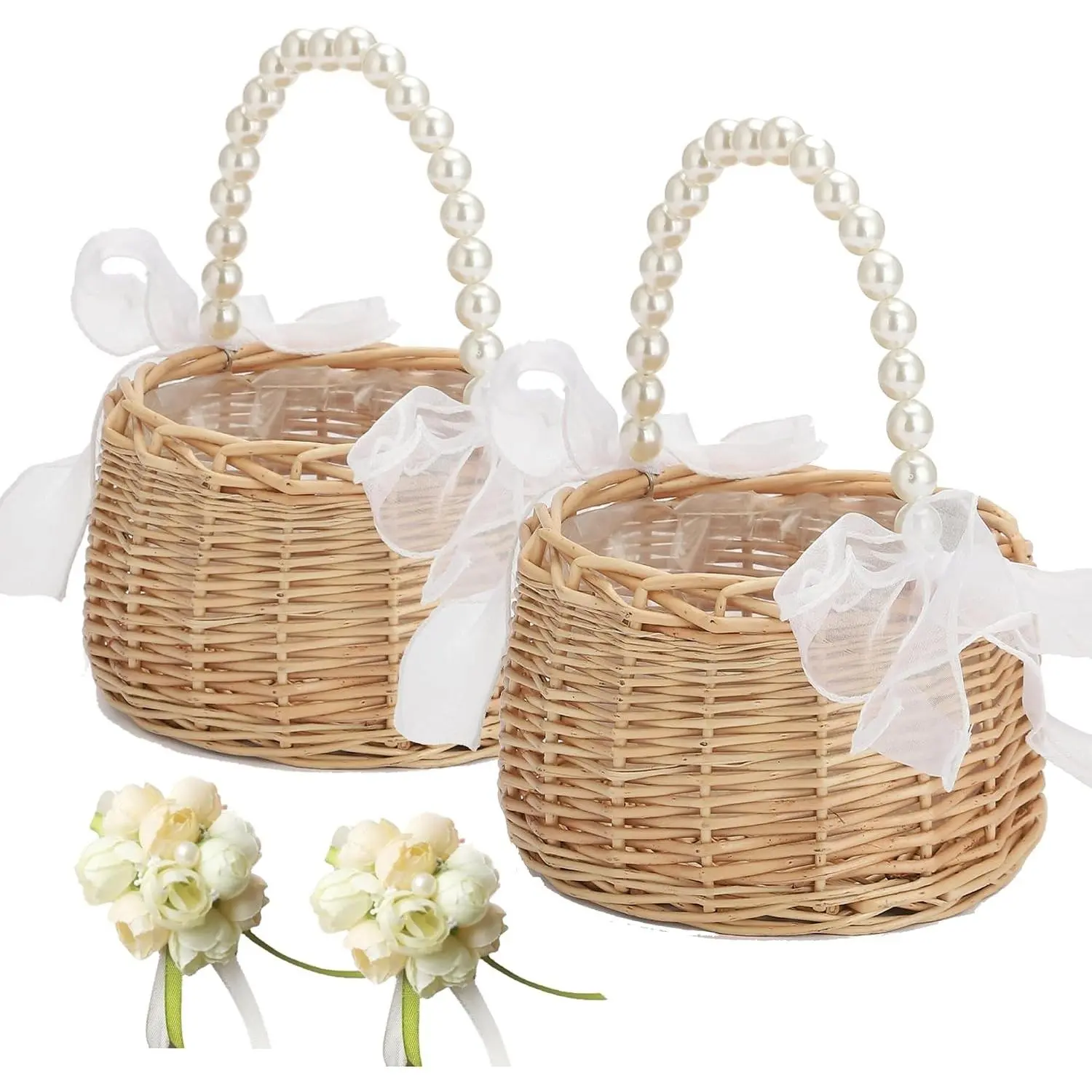2PCS Wicker Rattan Flower Girl Basket with 2PCS Wedding Wrist Corsage, Handwoven Wicker Basket with Pearl Handle Bow Fairy Flower Basket Rattan Basket for Weddings Bridal Anniversary Party Decor (2)