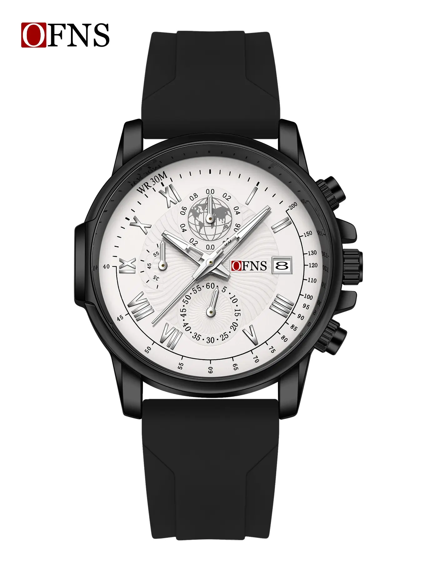 Ofns Brand Quartz Watch, Night Light Six-Hand Calendar, Fashion Silicone Strap, Business Style, Mineral Glass, Alloy Case, 28mm Diameter