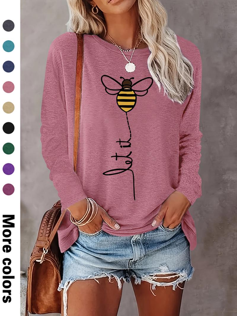 Women's Cartoon Bee Print Round Neck Tee, Casual Chic Long Sleeve Crew Neck T-shirt for Fall & Winter, Women's Top for Daily Wear, Womenswear