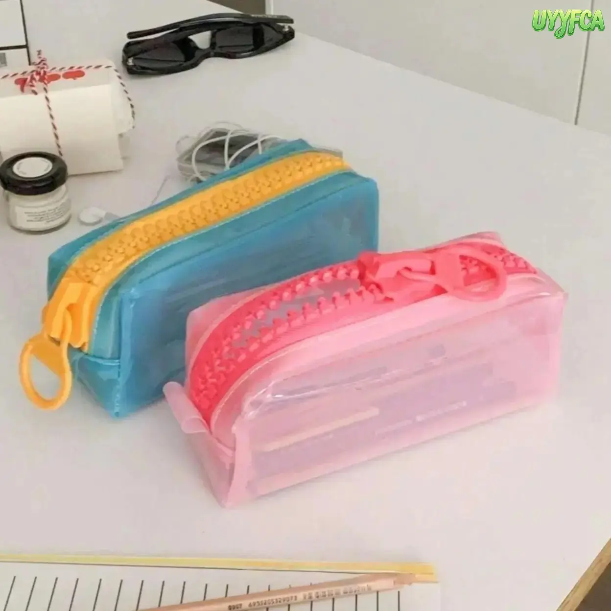 Colorful Dopamine Aesthetic Clear PVC Pencil Case with Oversized Chunky Zipper, Waterproof Frosted Semi Transparent Stationery Storage Pouch, Large Capacity Portable Organizer for Back to School Classroom Office Desk Daily Supply Sorting Travel Cosmetics