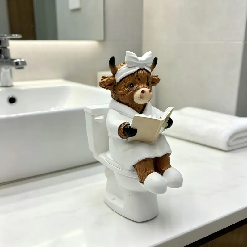 Cross-border Highland Cow Toilet Reading Resin Ornament with Bathrobe and Bow Design, Creative Bathroom Desktop Decoration, Fun, Resin Animal Ornaments