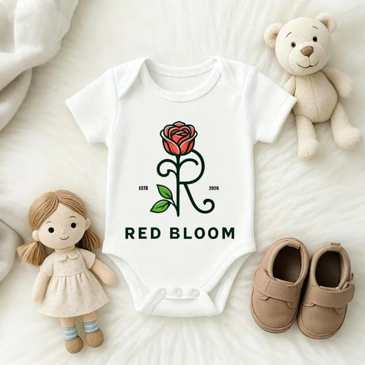 Red Rose Floral Design Boys Girls Short Sleeve Baby Bodysuit Unisex Snap Closure Breathable Soft Stretchy Ideal For Daily Wear