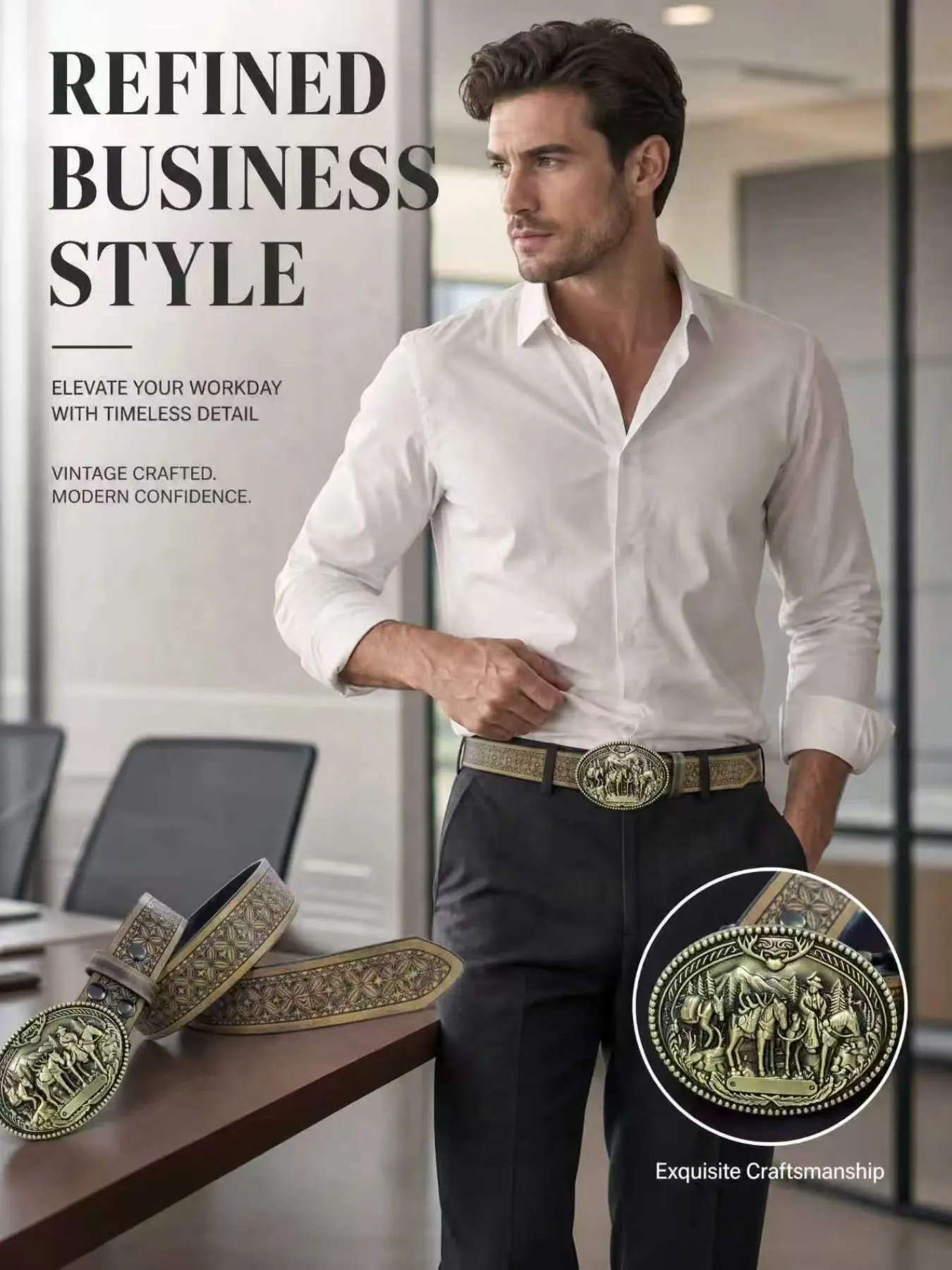 Western Wilderness Hunter Reindeer Relief Alloy Buckle, Vintage Pattern Carved PU Belt, American Cowboy Style Decorative Waistband
