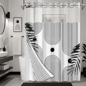 1 Piece No Hook Double Layer Shower Curtain, Boho Geometric Line Print Bath Curtain, Waterproof, Mildew Resistant, Durable Fabric, Minimalist Home Decor, Removable Liner, Top See-Through Window, Partition Curtain 71"×74"
