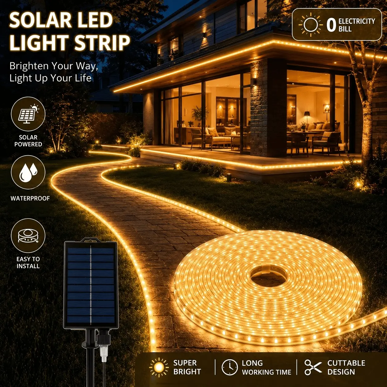 5m 10m Solar LED Strip Lights Outdoor, Cool White Warm White RGB Multi Color Changing, Auto Light Sensor Cuttable Decor Lamp for Patio Garden Pool Yard RV Holiday Party,halloween/christmas decor