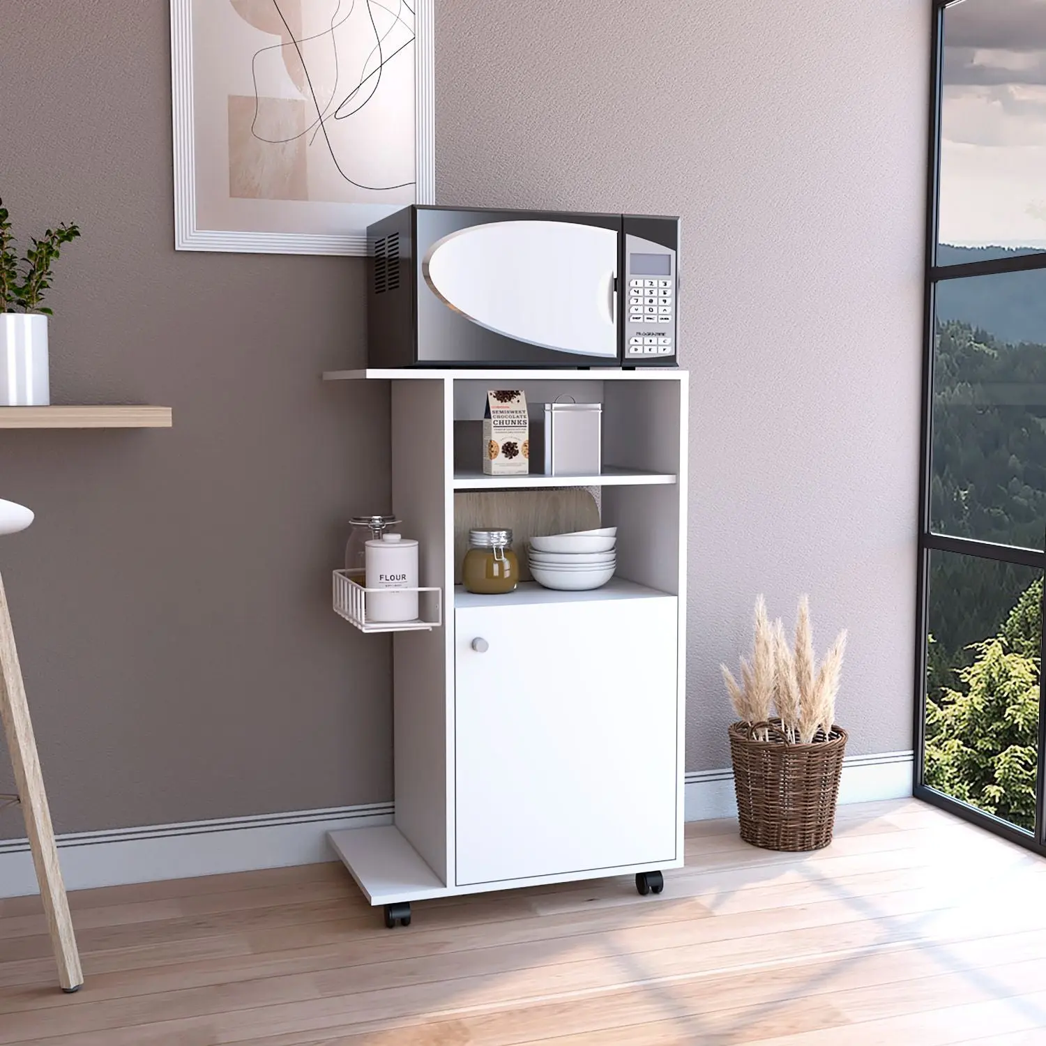Nokaa Kitchen Cart with Wheels, White Utility Cart with Single Door Cabinet and Side Shelf, Particle Board Rolling Storage Cart for Microwave, Countertop, Dining Room, Kitchen Organizer, 39" H, White Color Options, Particle Board Material