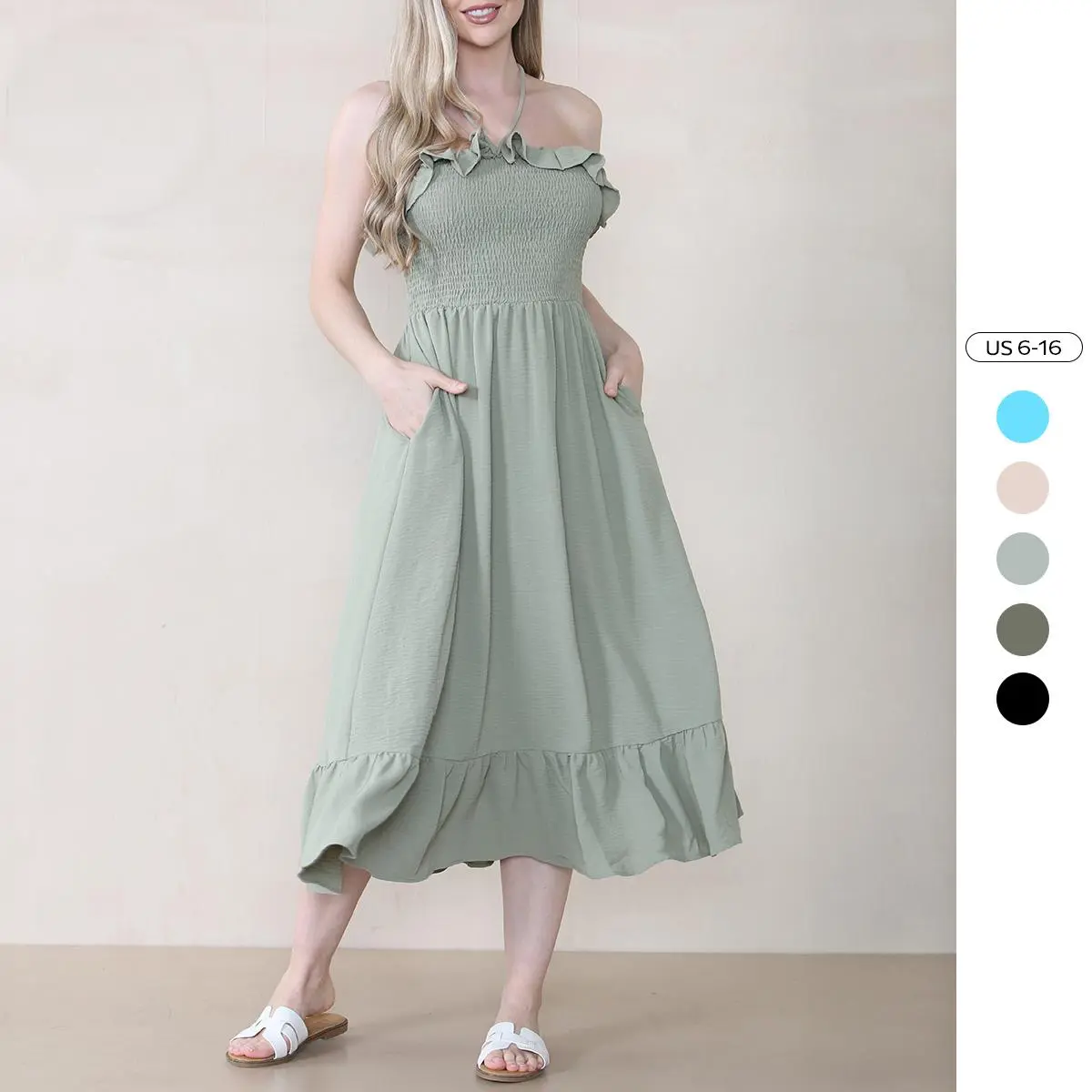 Women's Lovely Sleeveless Maxi Dress, Frill Front Tie Front Waist Pleated Tube Dress, Strapless Ruched Lace-Up Pocket Womenswear