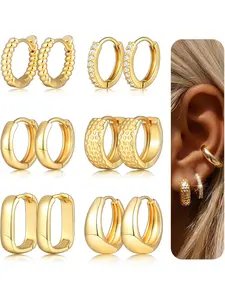 6 Pairs Hoop Earrings Set for Women, 14k Gold Plated Lightweight Chunky Twisted Huggie Hoops, Hypoallergenic Jewelry Gift
