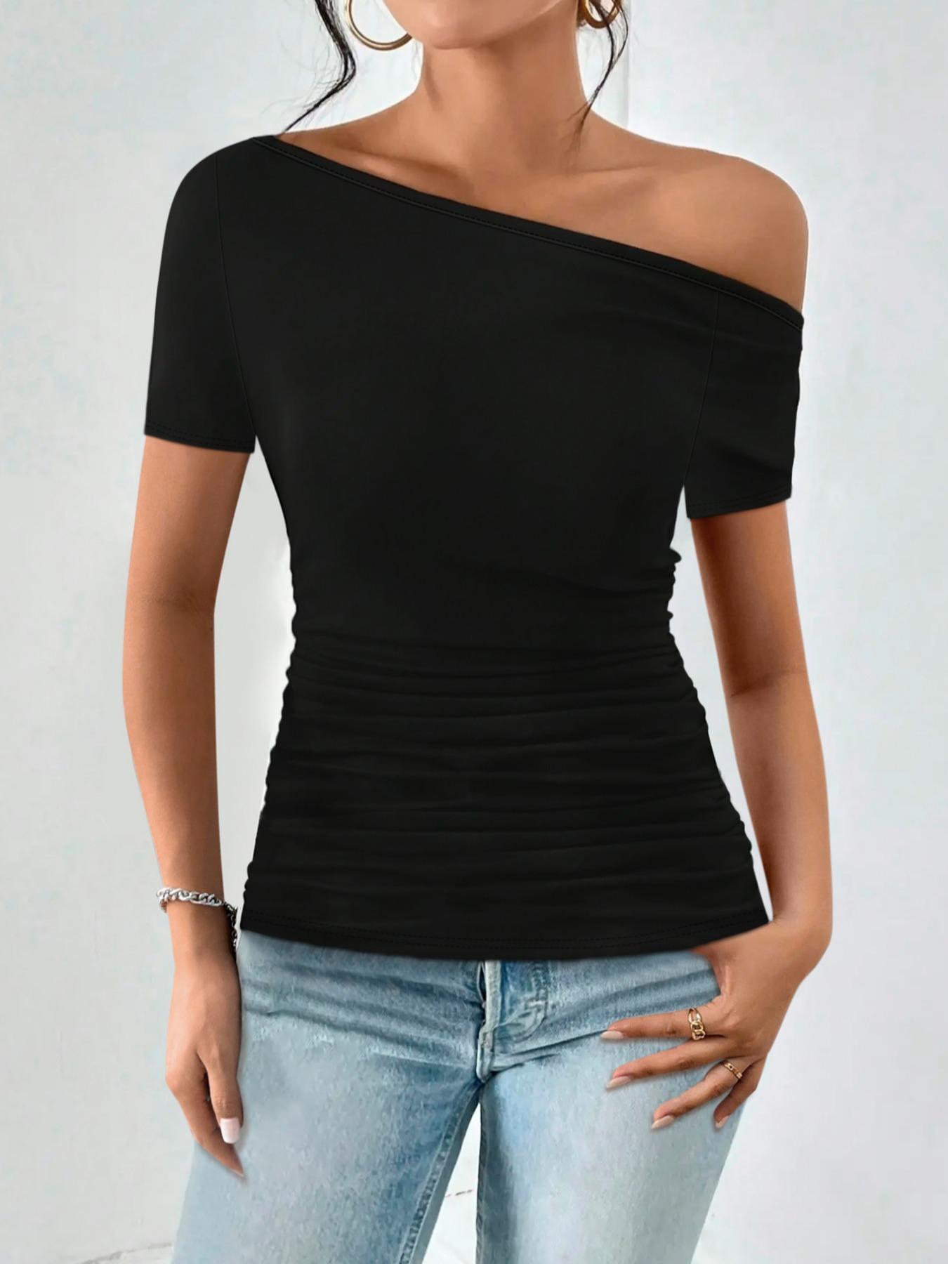 Women's Plain Asymmetrical Neck Tee, Casual Short Sleeve T-shirt for Summer, Women's Top for Daily Wear, Tops for Women, Tshirt, Lady