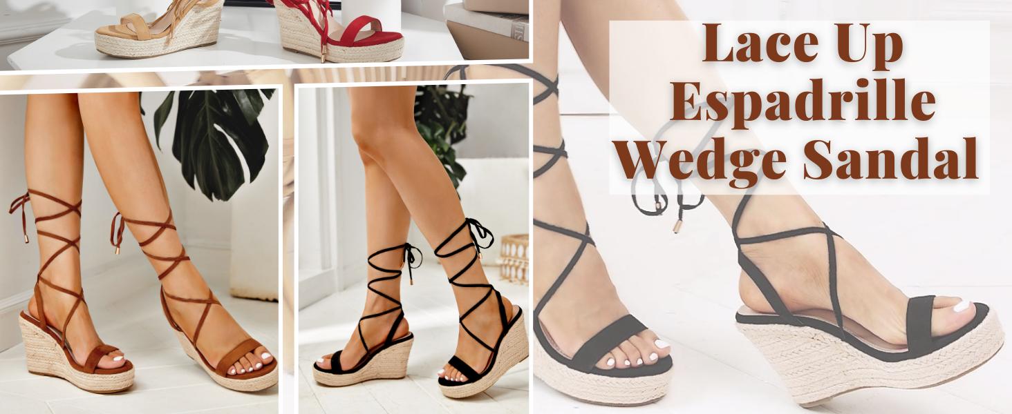 Coutgo Women's Espadrille Wedges Lace Up Platform Ankle Cross Strap Slingback Summer Dress Sandals
