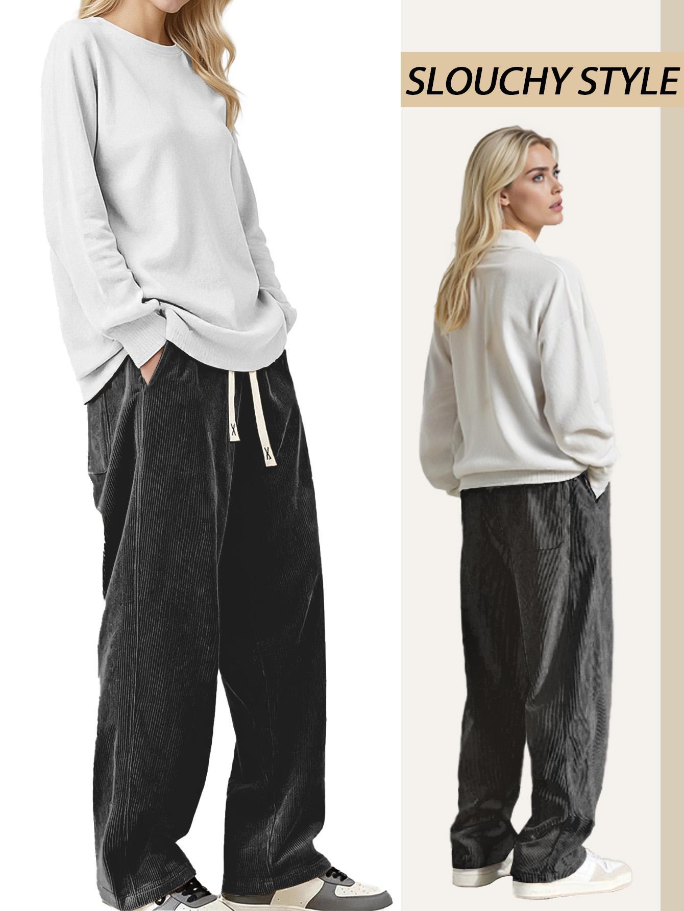 2 Pairs Women's Corduroy Pants, Women's Corduroy Wide Leg Pants 2 Pack, Women's Elastic Waist Corduroy Trousers, Women's Casual Corduroy Sweatpants 2PCS, Plus Size Corduroy Pants