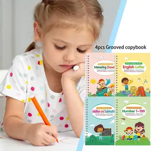 4 piece slot pen control workbook set, reusable Velcro practice paper, suitable for early learning writing tools for children aged 3-6, including letters, numbers, addition and subtraction, and drawing