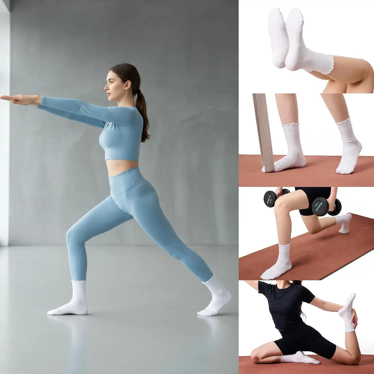 Non Slip Grip Pilates Socks for Women, Ruffle, Crew(Gift)