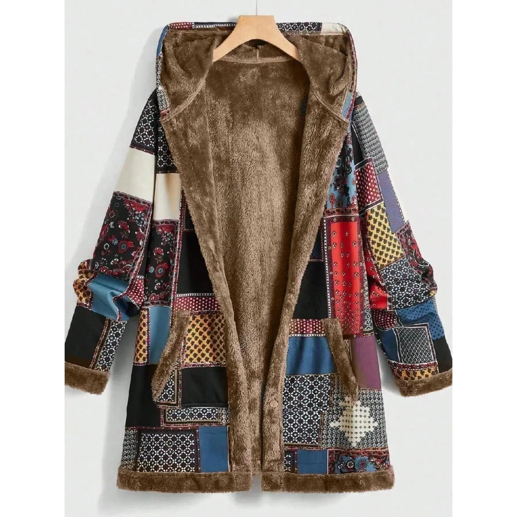 Women's Patchwork Print Long Sleeve Hooded Coat, Chic Outerwear with Pockets, Thermal Lined Jacket for Fall & Winter, Daily Wear
