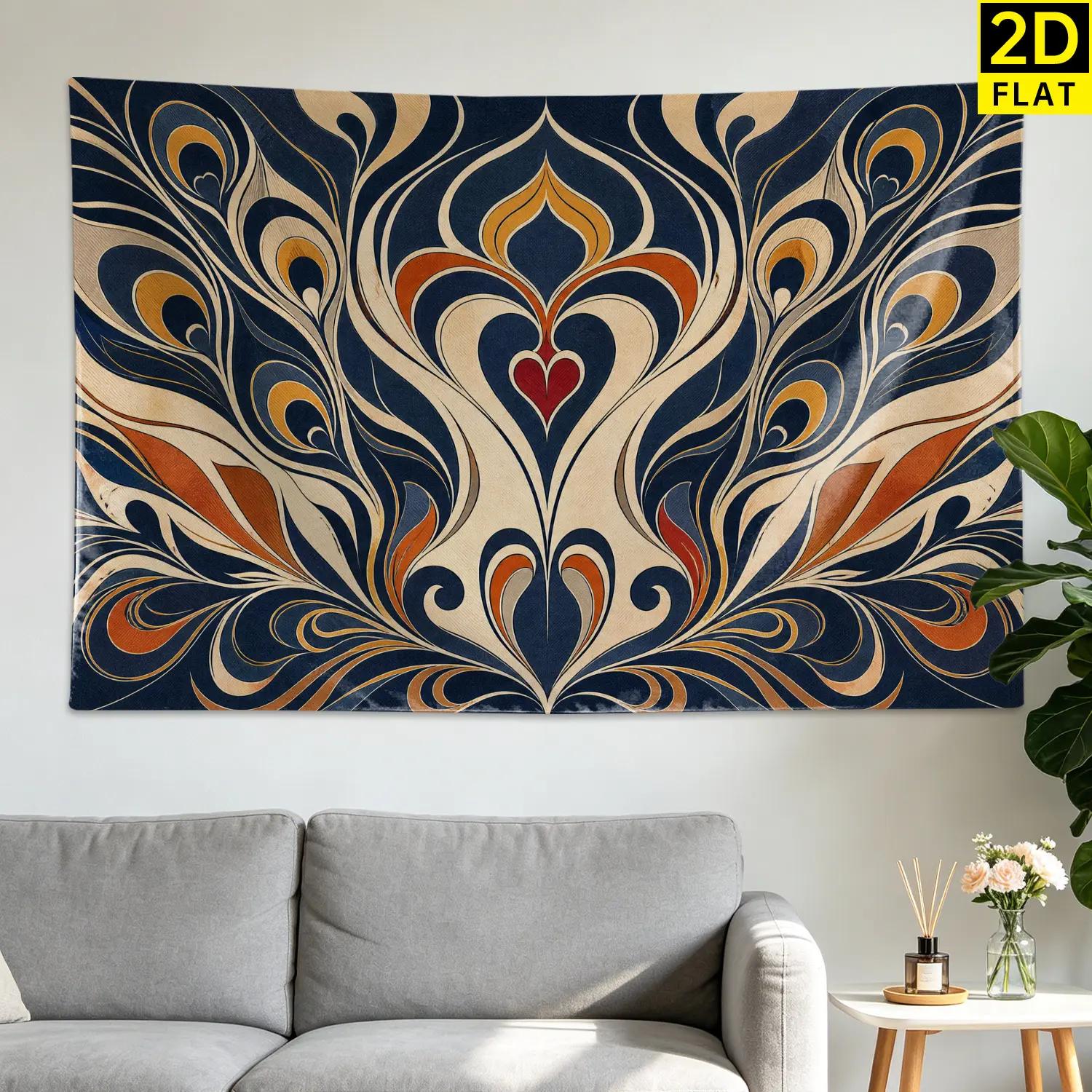 Bohemian Peacock Feather Floral Art Tapestry - Large Printed Horizontal Polyester Wall Hanging Decor, Artwork for Living Room, Room Decor, No-Installation Blanket for Gifting to Loved Ones