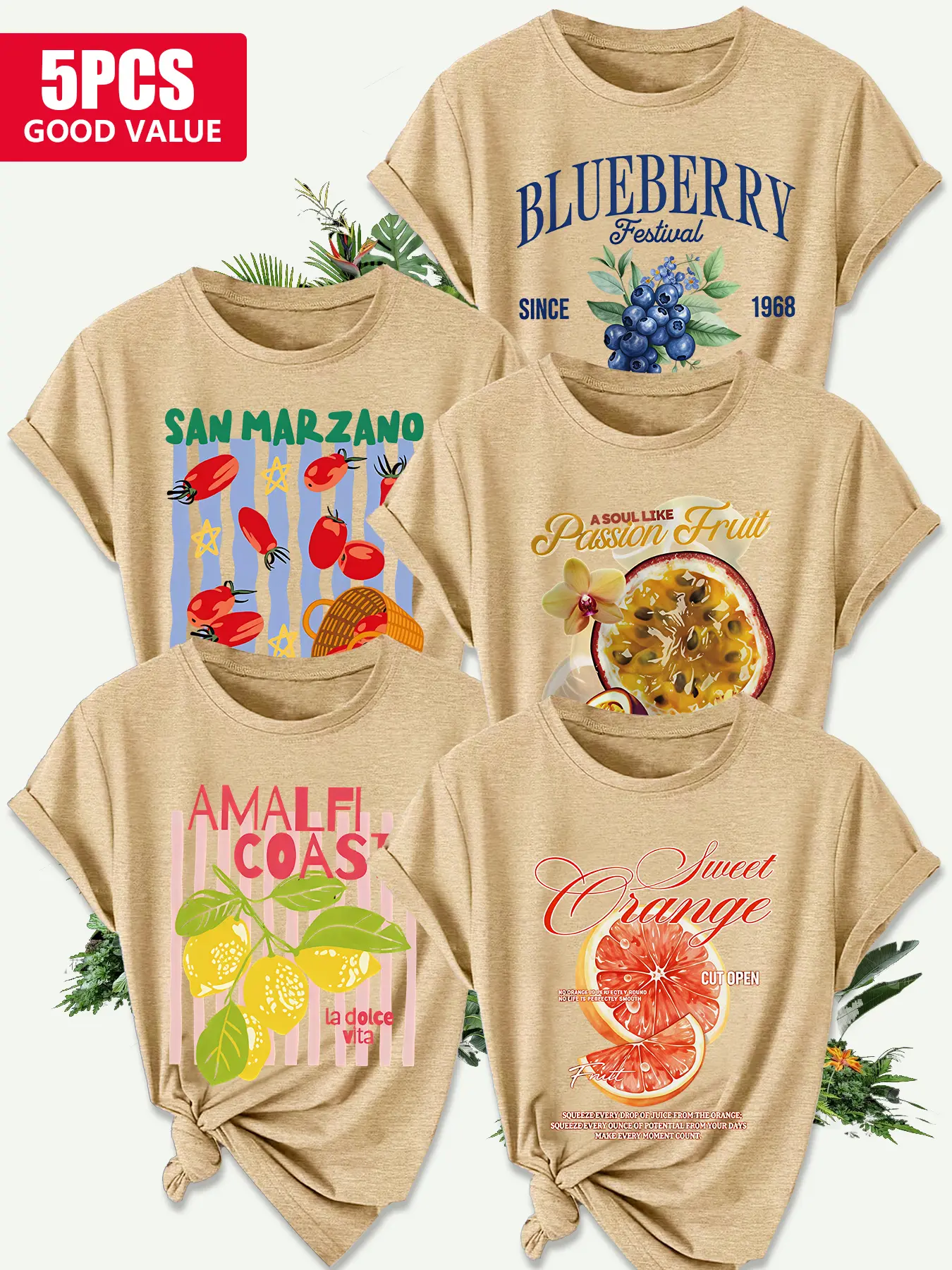 5PCS Women's Crew Neck Tee, Fruit & Berry Slogan Print, multi-color, washable, soft summer top