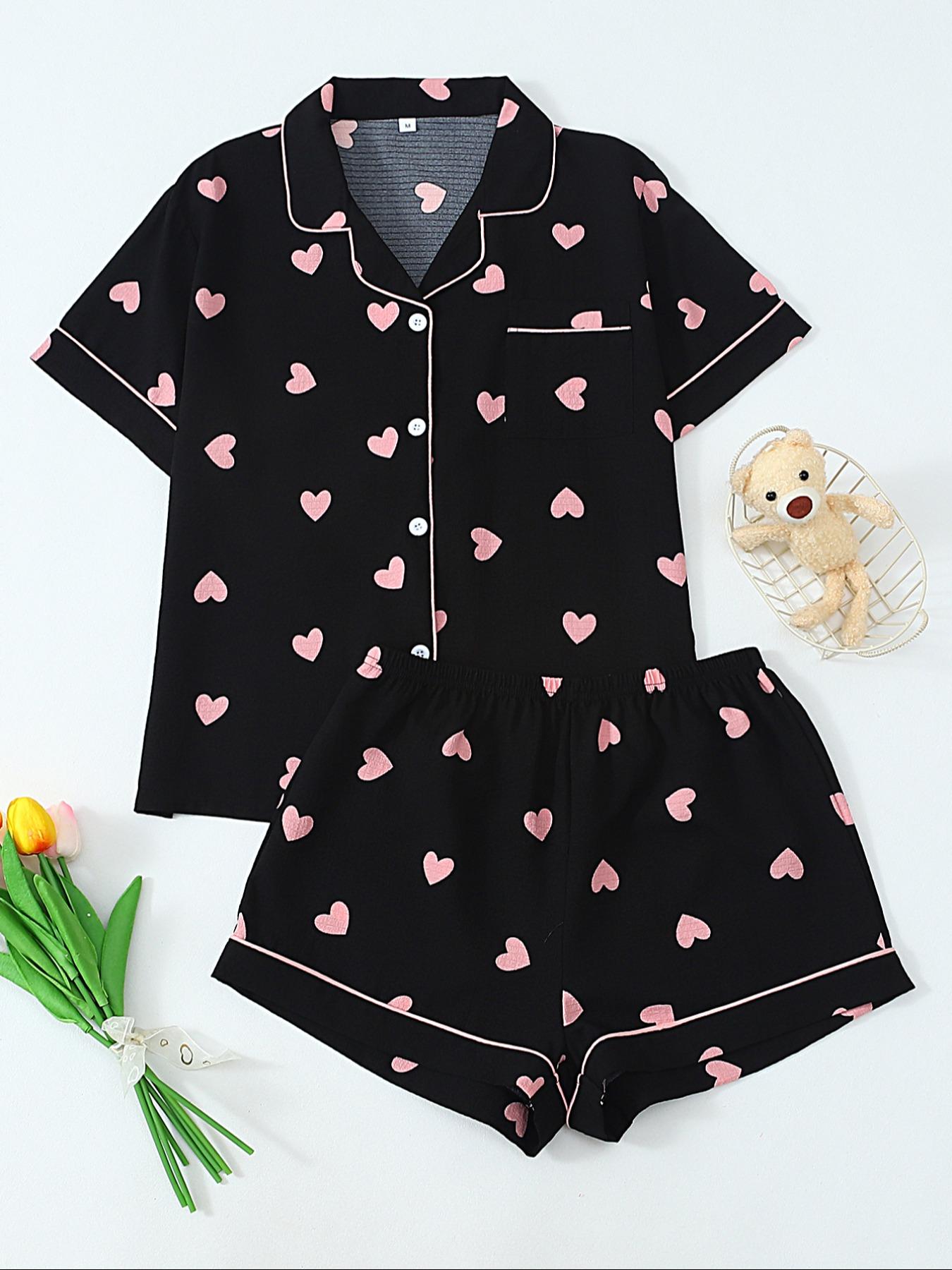 Valentine's Day Spring Summer Romantic Blue Striped Heart Elegant Short Sleeve Shorts Pajama Set for Women, Cute Fitted Homewear Loungewear Nightwear