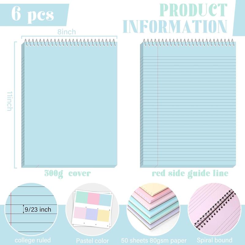 6 count Pastel Top Bound Spiral Notebooks 8.5" x 11" College Ruled Aesthetic Legal Pad Top Spiral Steno Pads Colored Paper Assorted Covers Spiral Notebook for Writing School Office Supplies