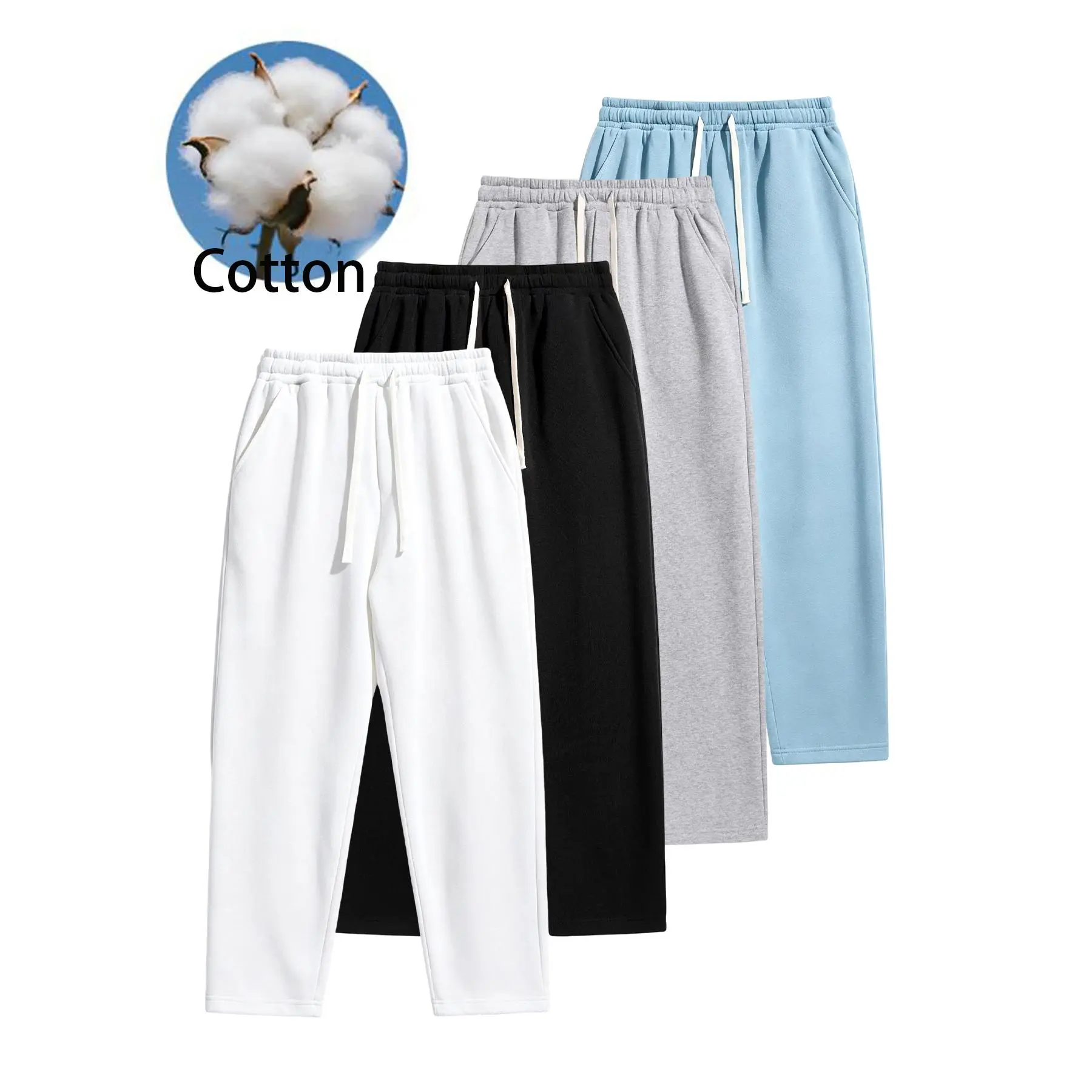 Loose straight-fit cotton lounge jogger pants featuring stretch elastic waist and matching drawcords skin-friendly thick cotton textile roomy comfortable cut versatile foundational piece for casual everyday street mensfashion outfits