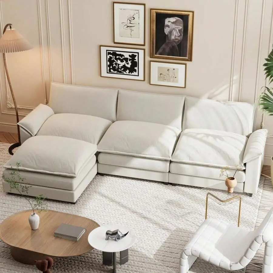 Sectional Sofa 3-Seat Movable Footrest Sofa L-Shaped Sofa With Reversible Toffee Chair