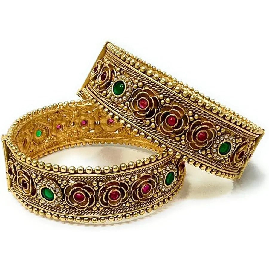 Women’s  Plated Bangle Bracelet Set, Openable Indian Kangan Kada Collecti, Polki & Kundan Designs, Floral, Teardrop & Geometric Styles,  Bridal ry, Medium Size 2-6