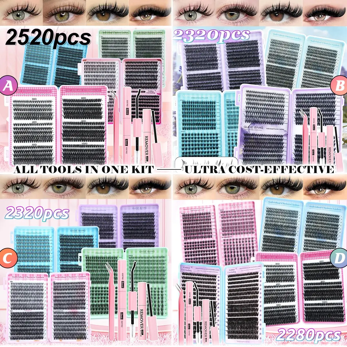 Large-capacity cluster-style false eyelashes various styles, easy DIY false eyelashes, DIY false eyelash extension kits, Eyelash Extensions Set, includes dual-head adhesive, tweezers, removal solution, suitable for beginners and professionals