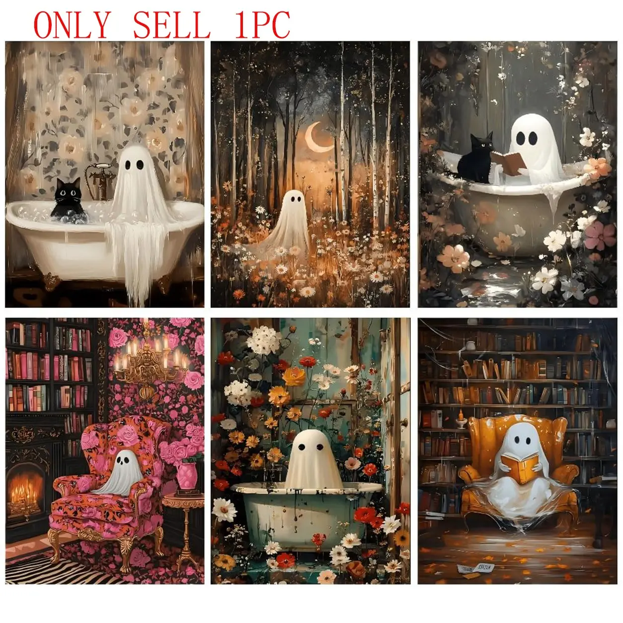 Cute Halloween Diamond Painting Art with 6 Cozy Ghost Designs, Gothic Aesthetic Home Decor DIY Framed Artwork for Unique Halloween Decorations