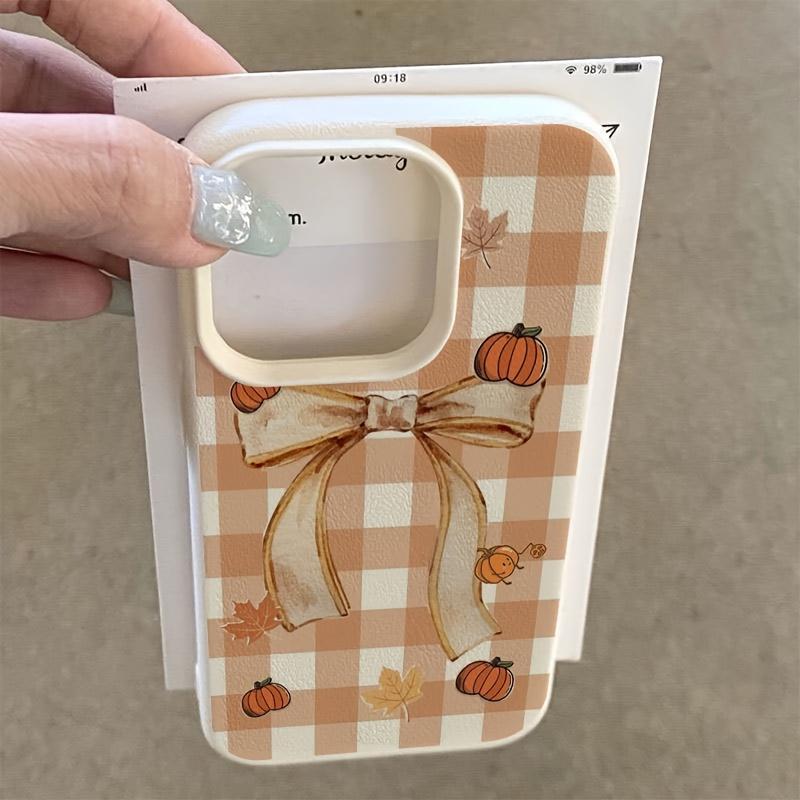 Pumpkin Gingham Bow Phone Case, Fall Harvest Coquette Cream Cover for iPhone 17 16 15 14 13 12 11 X Plus Pro Max, Autumn Lover Gift