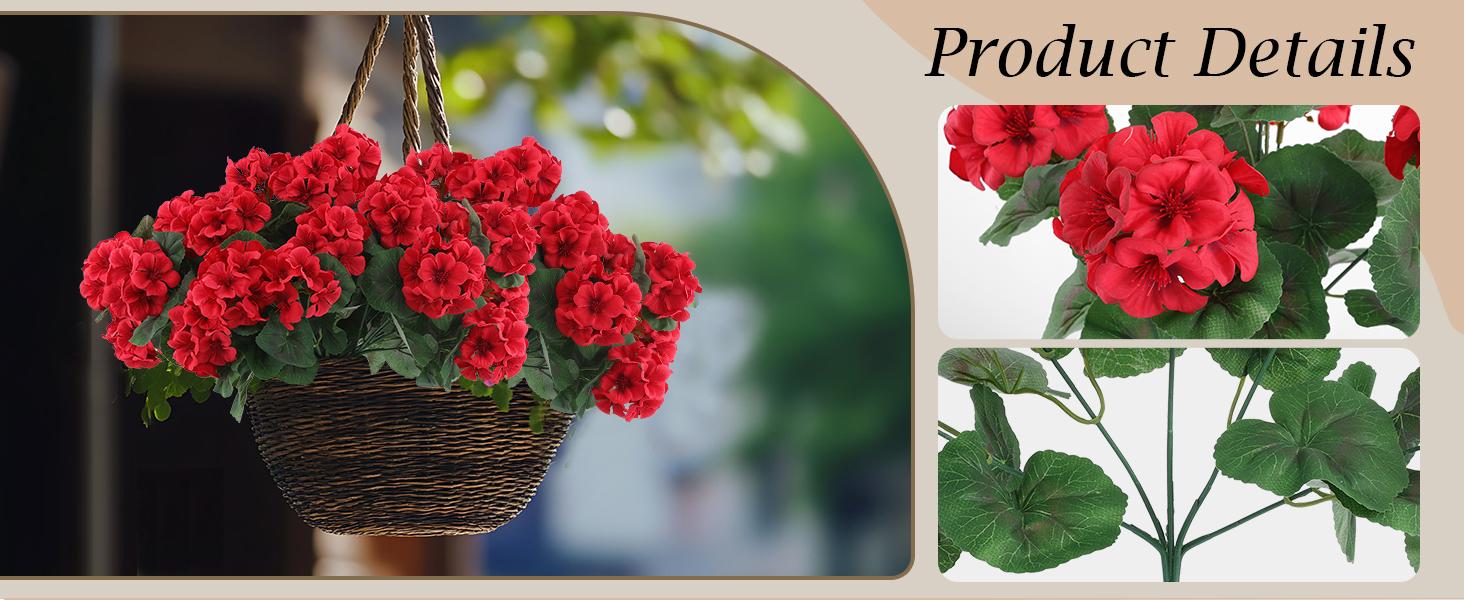 8 Pcs Artificial Geranium Flowers for Outdoors Geranium Silk Red Flower Outdoor UV Resistant Garden Plants Faux Flowers for Christmas Home Kitchen Table Centerpieces Decor
