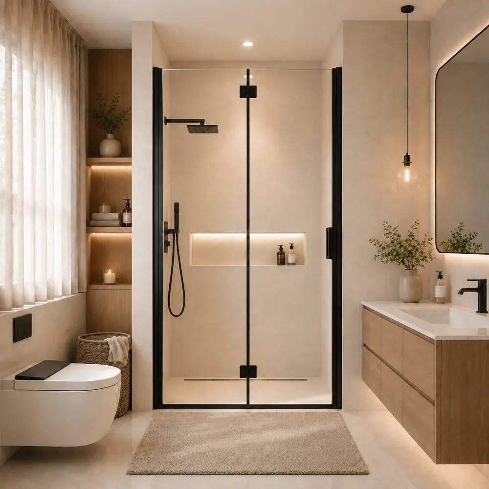Semi-Frameless Folding Shower Door, 34-35.2" W x 72" H, 1/4" (6mm) Tempered Glass Bifold Shower Door, Pivot Hinged Bathroom Door, Reversible Installation, Matte Black Frame, Space-Saving Shower Enclosure Door