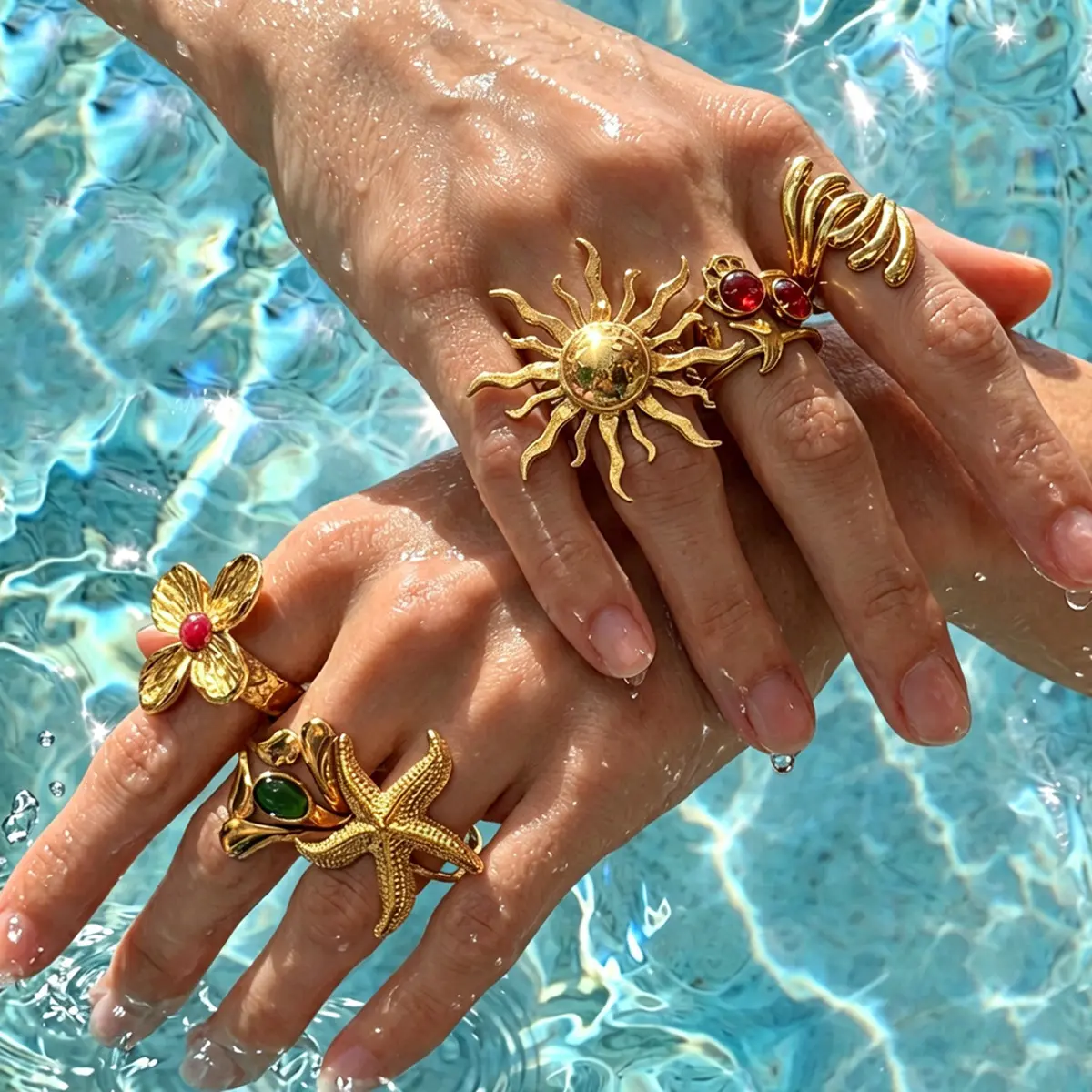 Main Character Energy Golden Sun Starfish Statement Ring Textured Gold Chunky Ocean Aesthetic Y2K Baddie Summer Beach Vacation Jewelry Gift For Her