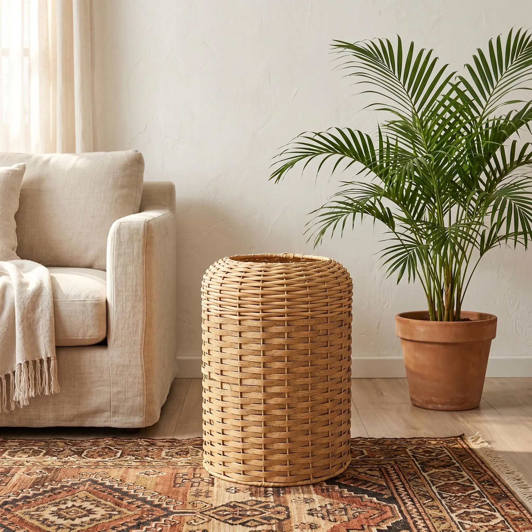 Rattan Trash Can, Small Bathroom Trash Can with Double Layer Hidden Trash Bag, Trash Can for Dorm, Office, Bathroom, Bedroom, Compact Waste Basket