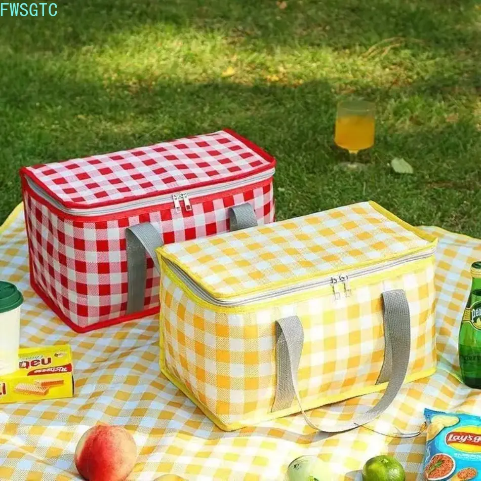 Striped Polyester Insulated Cooler Tote Bag, Large Capacity Portable Foldable Lunch Handbag With Matching Pad, Lightweight Thermal Storage Accessory Perfect For Outdoor Camping Picnic Daily Food Carry