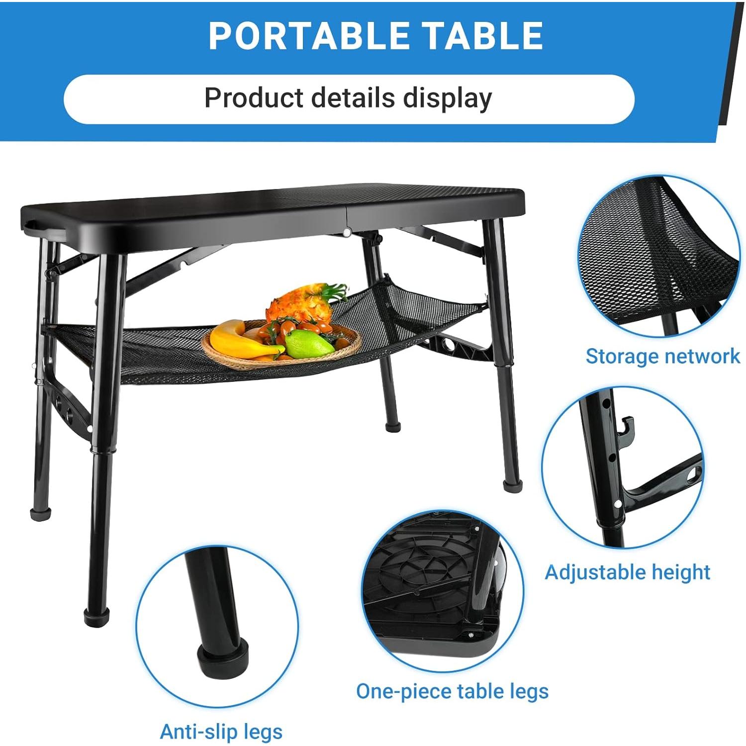 Portable Folding Table and Stool Set, Lightweight Foldable Table & Collapsible Stool for Camping Picnic Beach Fishing, Sturdy Small Outdoor Table with Mesh Layer Storage