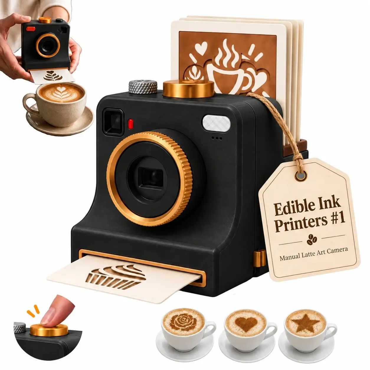 3D Printed Latte Art Camera, Manual Coffee Printer with 4 Coffee Stencils and 2 Mesh Filters, Mechanical Powder Art Maker for Cappuccino Cocoa, Chocolate, Home Cafe