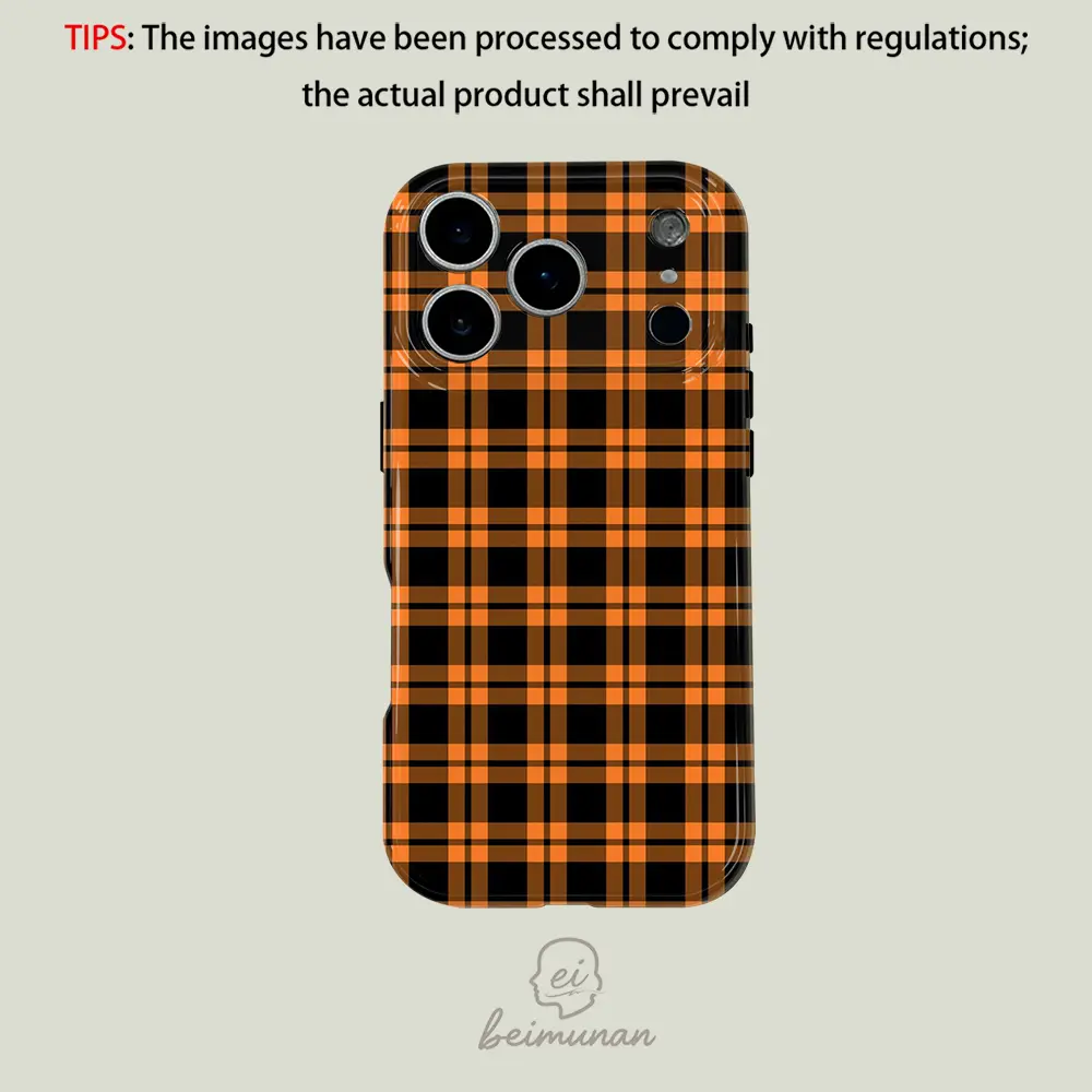 This trendy orange and black checkered phone case features a full-coverage lens protection system, suitable for iPhone 17/16/15/14/13/12/11 Pro Max/Plus/Pro. It's a simple and stylish case, perfect as a holiday gift.
