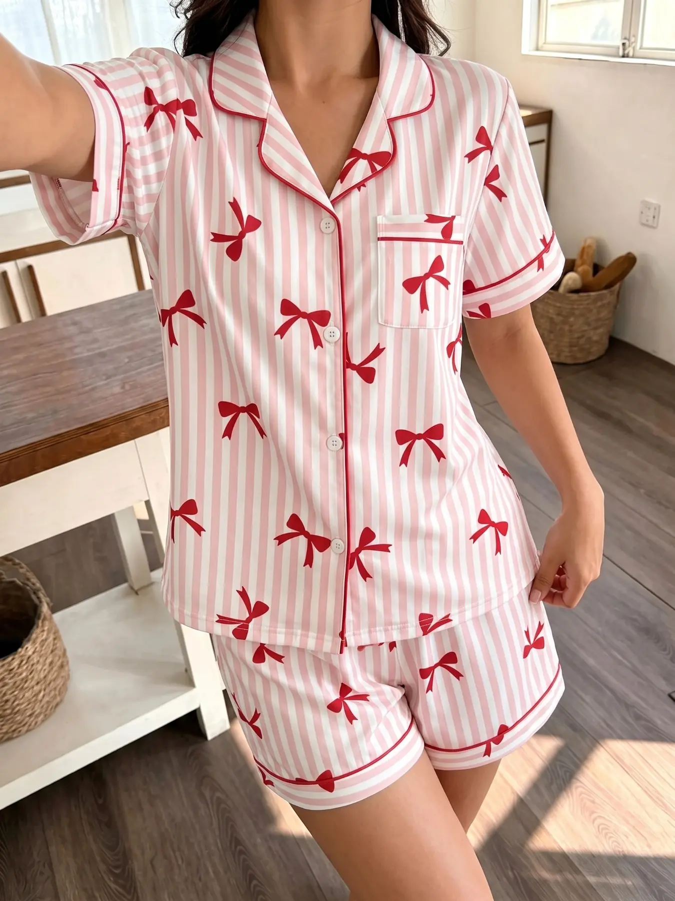 Summer Women's Pajama Set, Short Sleeve Button Top & Loose Shorts, Butterfly Stripe Print, Casual Nightwear for Relaxing Use