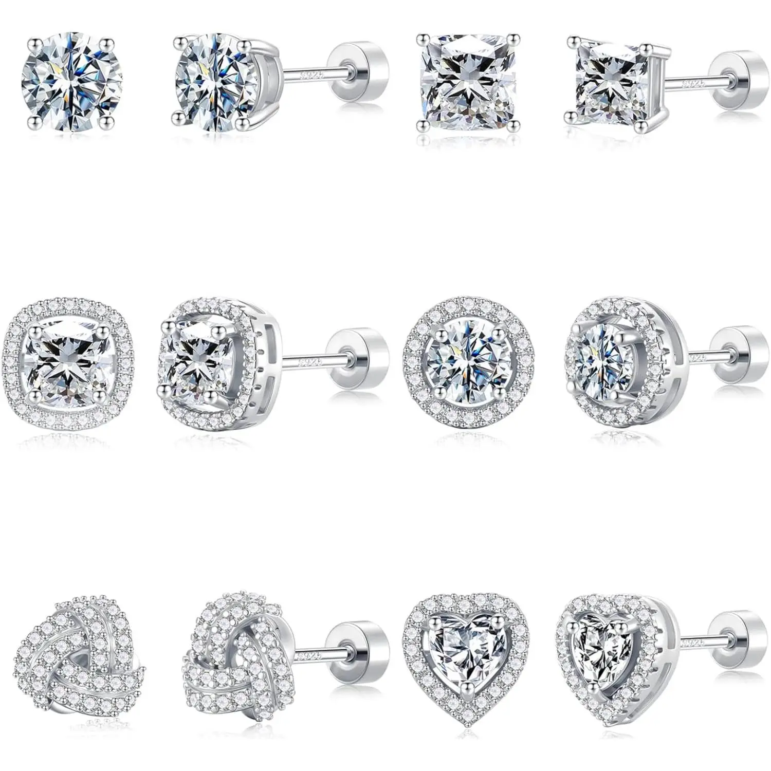 6 Pairs Stud Earrings for Woen Girls, Flat  Earrings  |  Stud Earrings Set, FlatBack Cubic Zirconia Earrings Stack, Woen and en , Gifts for Woen Girls