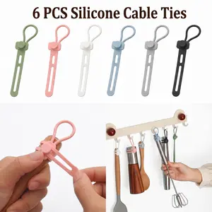6 PCS Silicone Cable Ties - Reusable Cord Organizer with Hanging Loop, Adjustable Organizer Straps for Cords, Tools, Charger Cable, Kitchen Accessories, Home Office-YY1
