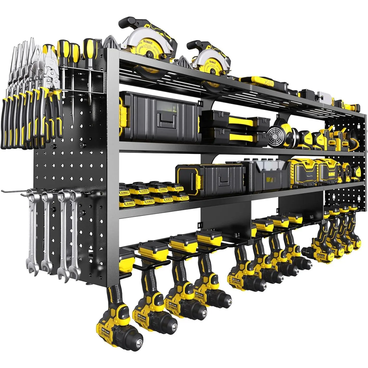 49" W Large Power Tool Organizer Wall Mount, 4 Layer Heavy Duty Metal Tool Storage Rack with 12 Drills Holder, Utility Racks  Garage Workshop, Ideal Garage Organization