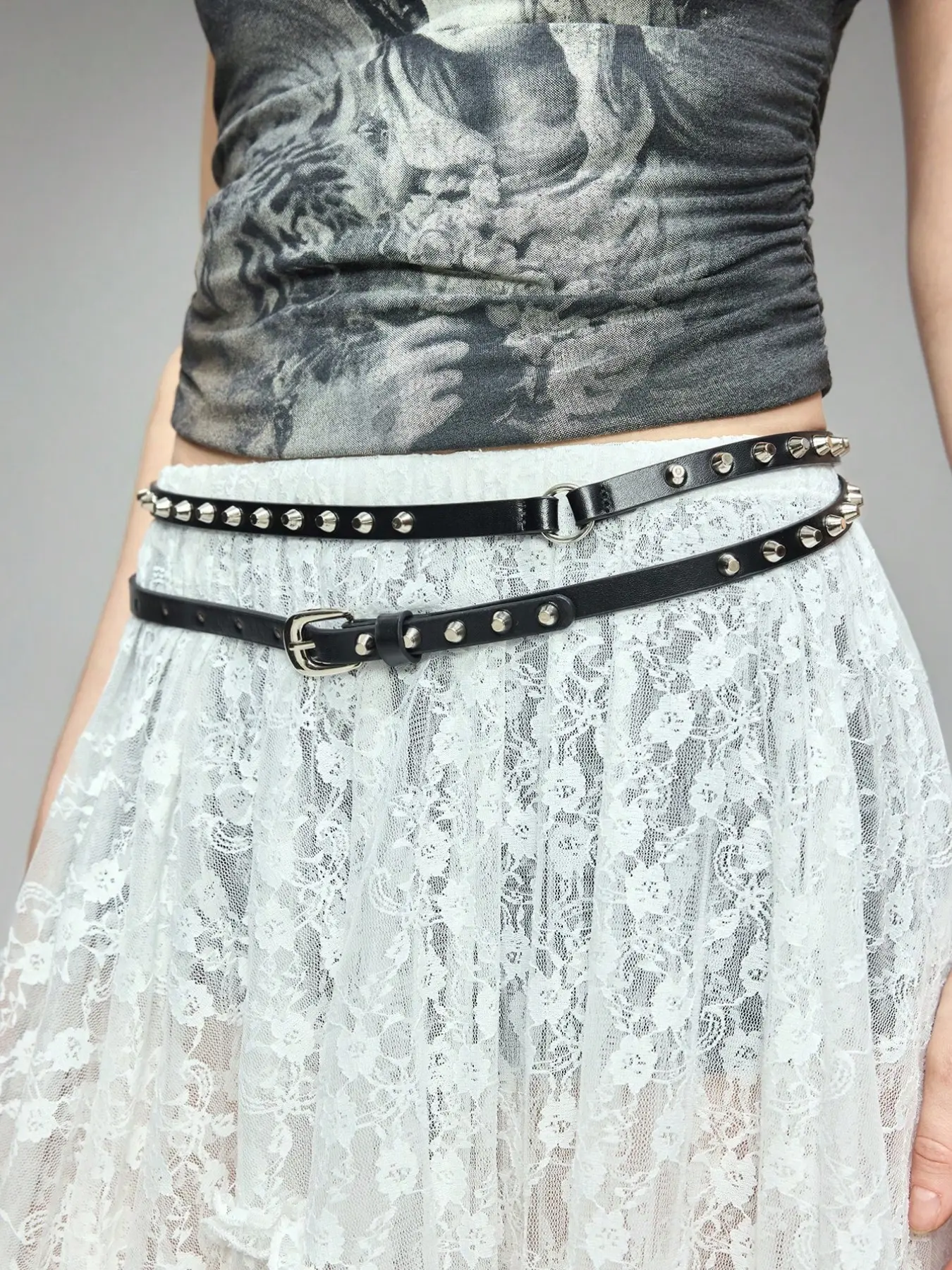 Double Layer Stud Thin Belt, Punk Narrow Stud Decor Waist Belt, Fashion Belt
