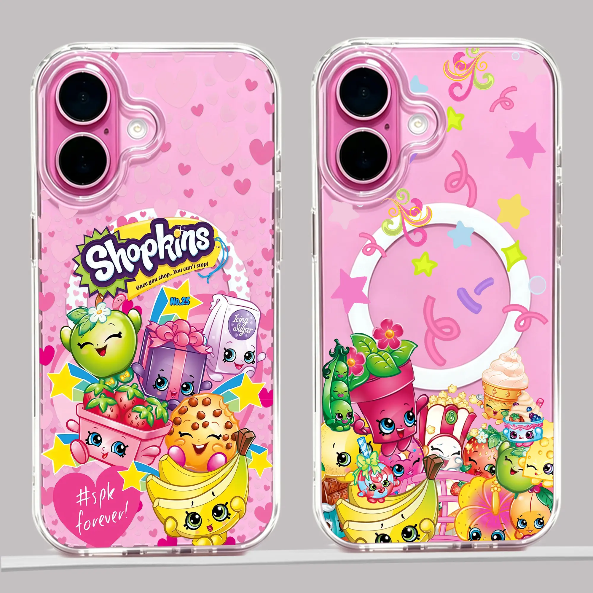 Pink Shopkins-print Magnetic phone case for iPhone 18/17/16/15/14/13/12/11 Xs Pro Max Plus AIR,Y2K Girly MagSafe for Samsung S26/S22/S23/S24/S25/NOTE20/PLUS/ULTRA/FE/A56/A54/A36/A35/A16/A15,Transparent shockproof protective cover Gifts for Shopkins fans