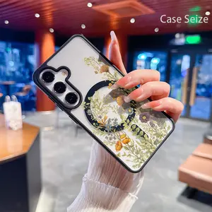 Phone Case: Vintage Wildflower Meadow with Delicate Blooms and Leaves Black Border Magnetic Phone Case, Anti-Yellowing, Slim Lightweight & Bare Feel, Luxury Premium Design for Samsung Galaxy S22 S23Fe S24 S25 Plus Ultra, Trendy & Perfect