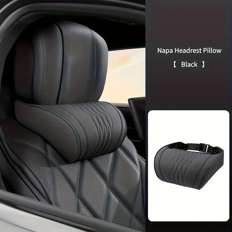 Luxury Car Neck Pillow, Napa Leather Headrest, Comfortable Breathable, Long Drive Support, Elegant Embroidery, All-Season Automotive Accessory, Breathable Neck Cushion, Car Accessories