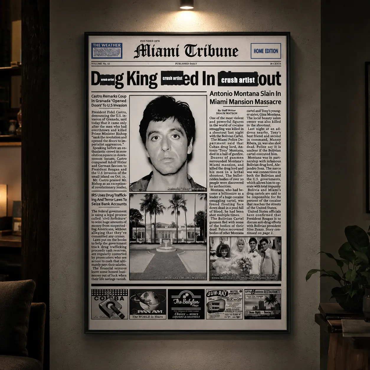 Pacino Tony Montana Scarface Newspaper Poster Print, Trendy Wall Art Canvas, Movie Collectible Gift for Fans, High Quality Solid Wood Frame, Waterproof Design, Vintage Film Poster Decor, Home Decoration for Bedroom, Living Room, Office
