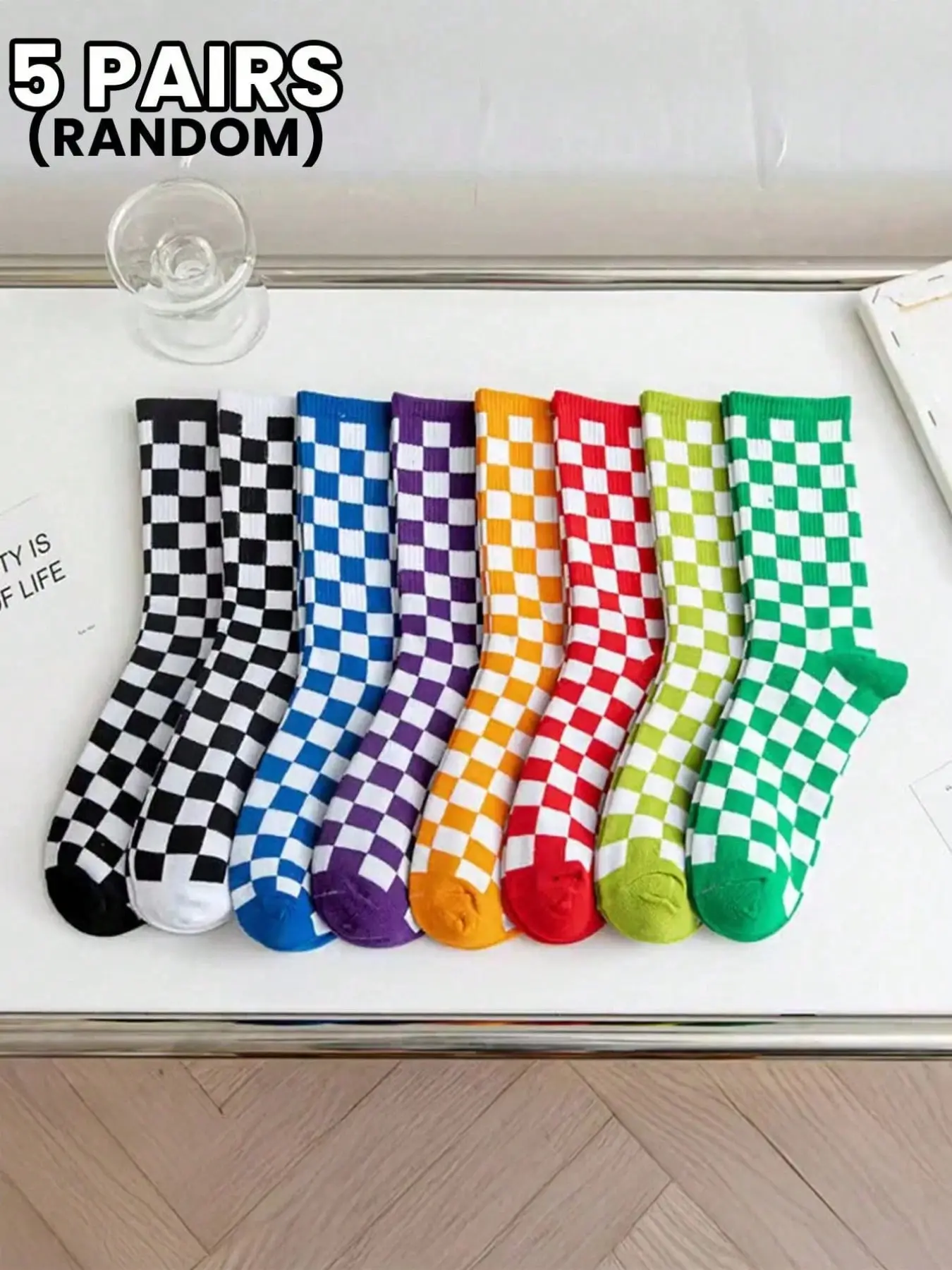 5-Pack Random-Color Checkered Knee-High Socks for Men and Women: Knee-Highs, Ankle Socks, Casual Socks, Athletic Socks—Dopamine-Inspired Color-Blocking Rainbow Socks Set—A Must-Have for Y2K Street and Skate Style Socks Pairs