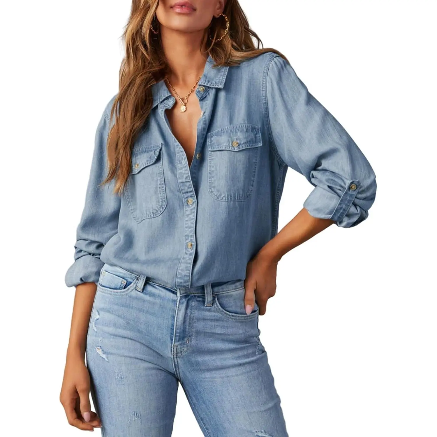 Women Button Down Denim Shirts Casual Long Sleeve V Neck Chambray Blouse Top