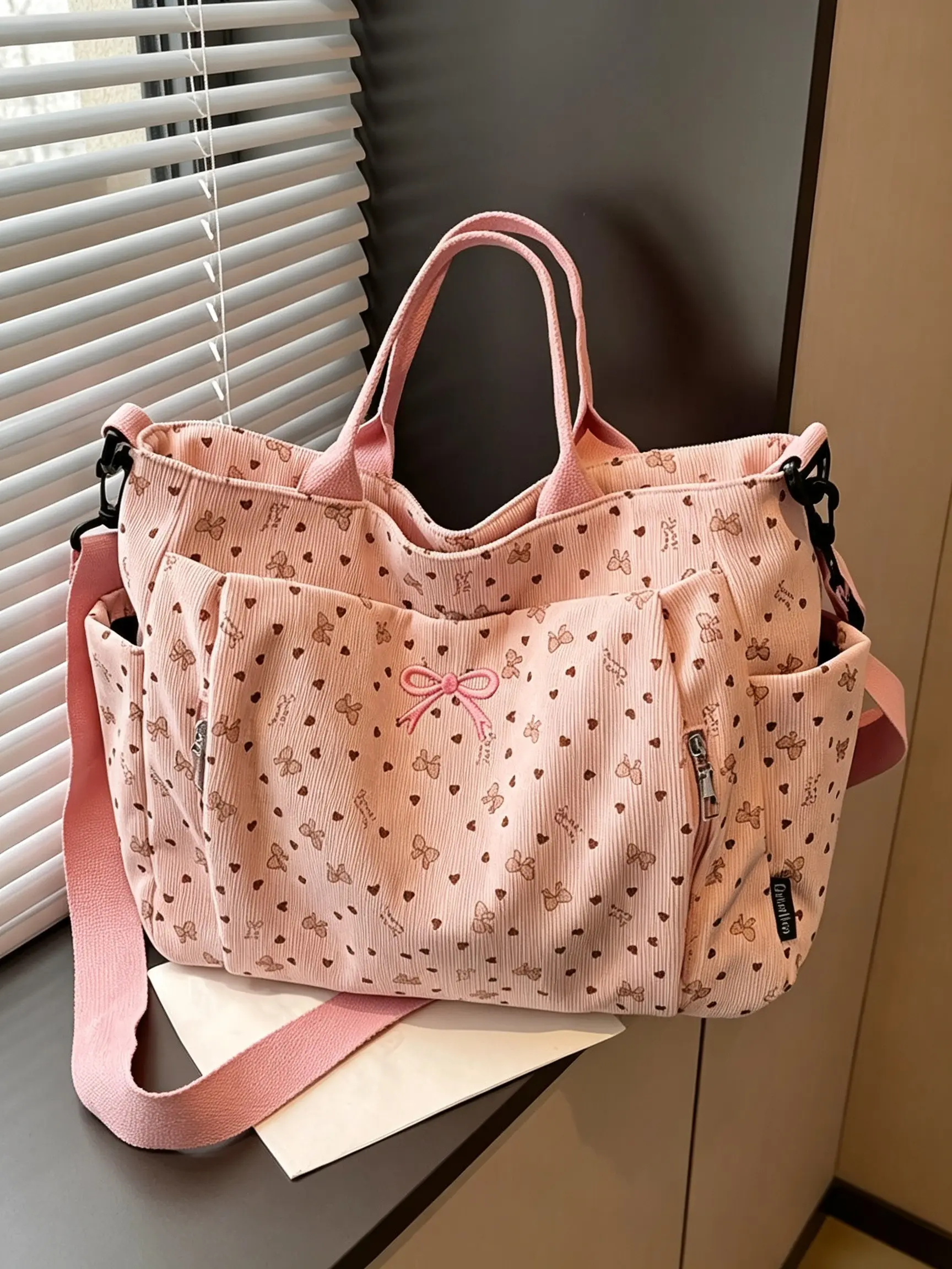 European Style Velvet Large Capacity Tote Bag, Multi-Pocket Layered Storage, Handheld Crossbody Dual Use, Practical Backpack for Students, Casual Commuter Tote
