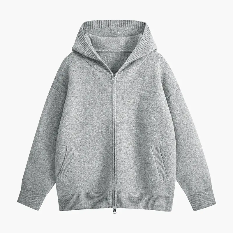 Men's Basic Long Sleeve Hooded Zip-Up Knit Cardigan - Full-Length Zipper Closure, Front Patch Pockets, Ribbed Hood/Cuffs/Hem, Loose Oversized Silhouette, Soft Thick Knit Tops for Casual Autumn Winter Wear